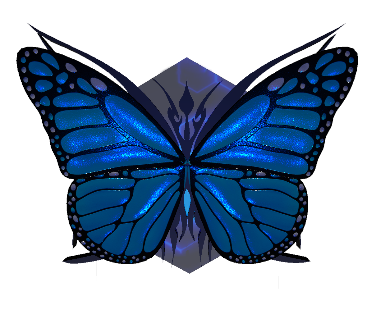 Cyber papillon tribal en AR avec circuits numériques bleus en arrière-plan hexagonal.